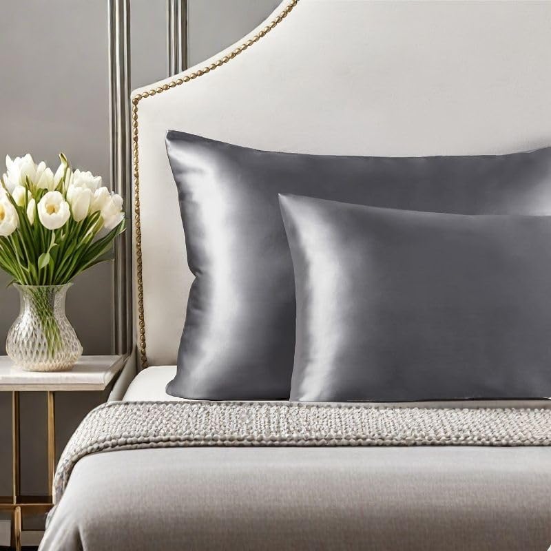 Juwenin Bedding,Super Soft and Luxury Silky Satin Pillowcase (Silky Satin Pillow Case for Hair) Set of 2 (Dark Grey, King (20'x40'))