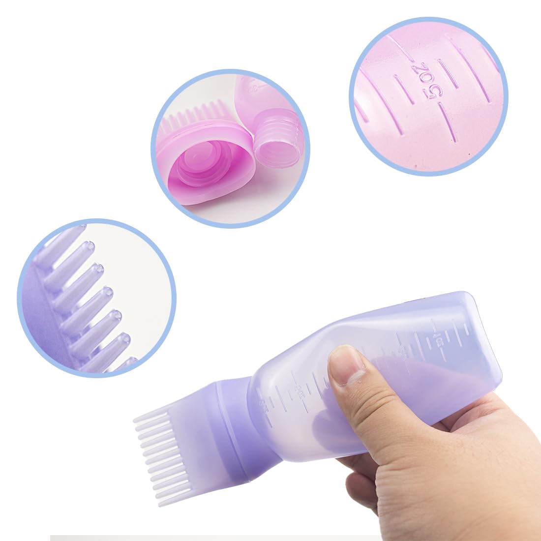 ELANE 4 Pcs Root Comb Applicator Bottle 6oz,Hair Oil Applicator Bottle for Hair,Oil Comb Applicator Hair Bottle Applicator for Hair Dye Shampoos Hair Salons Camping Traveling(purple+pink)