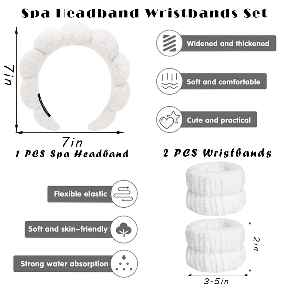 Spa Headbands for Washing Face Wristband Set Sponge Makeup Skincare Headband Wrist Towels Bubble Soft Terry Towel Cloth Hairband for Women Puffy Headwear Non Slip Thick Thin Hair Headwear (White)