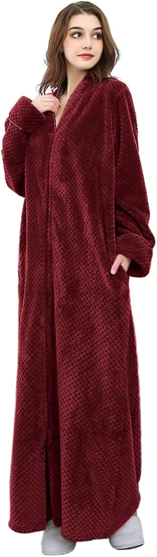 Artfasion Womens Fleece Robe Plush Long Zip Front Bathrobe with Pockets Warm Soft Zippered Bathrobes for Women