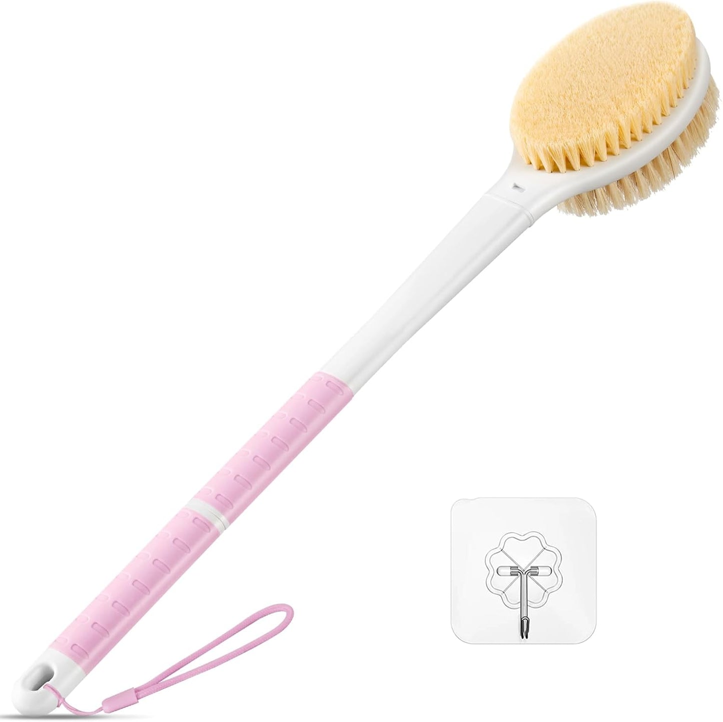 Back Scrubber Body Shower Brush: Anti Slip Long Handle Bath Brush with Stiff and Soft Bristles - Showering Exfoliator Wet or Dry Brushing for Women, Men, Elderly (Pink)
