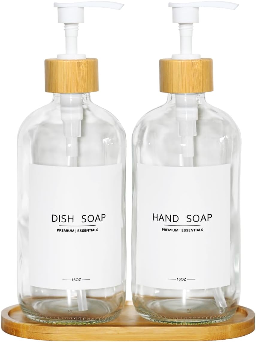 Luxury Glass Soap Dispenser Set - 2 Refillable 16.9oz Bottles, Bamboo Pump & Tray for Farmhouse & Modern Decor, 9 Waterproof Labels for Kitchen/Bathroom (Clear Bottle+White Bamboo Pumps+Tray)