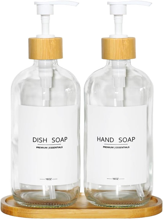 Luxury Glass Soap Dispenser Set - 2 Refillable 16.9oz Bottles, Bamboo Pump & Tray for Farmhouse & Modern Decor, 9 Waterproof Labels for Kitchen/Bathroom (Clear Bottle+White Bamboo Pumps+Tray)