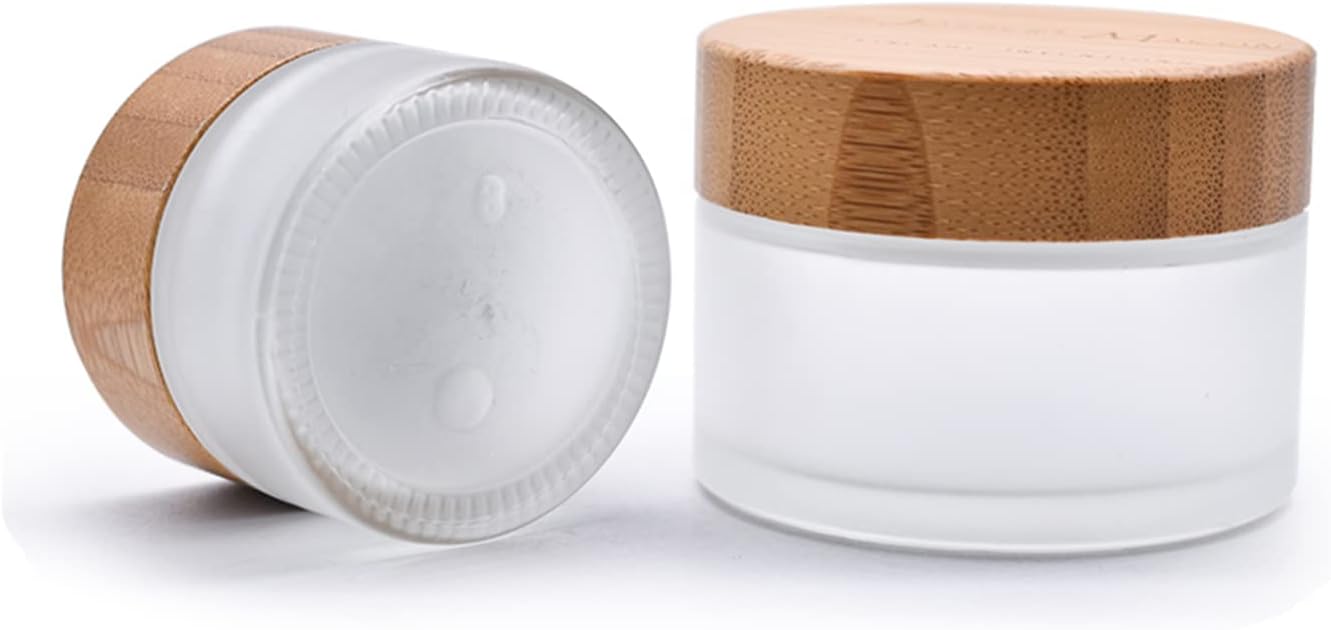 2 Pack 50ml Frosted Glass Cream Jars with Bamboo lids,Wide Mouth Makeup Sample Storage Pot Dispenser Bottles for travel Jars Face Eye Shadow