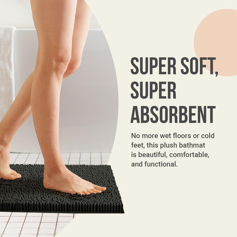 ITSOFT Plush Bathroom Rug 25x18, Absorbent Machine Washable Non Slip Chenille Bath Mats, Quick Dry Bathmat, Bath Rugs for Bath, Shower, Bedroom, or Door Mat, Black