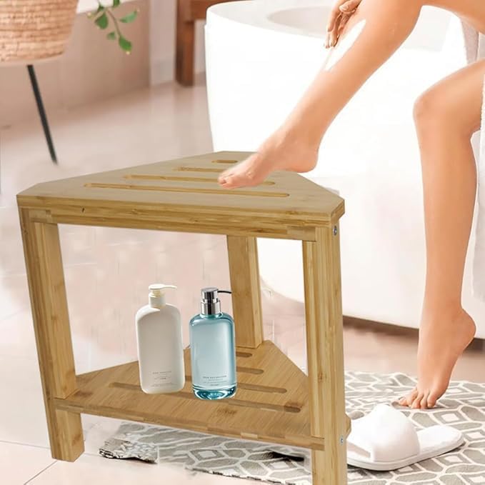 Bamboo Shower Stool for Shaving Legs, Corner Shower Foot Rest with Storage Shelf for Shaving Legs Bath Bench for Inside Shower, Space-Saving Shower Step Stool & Non-Slip Bathroom Seat