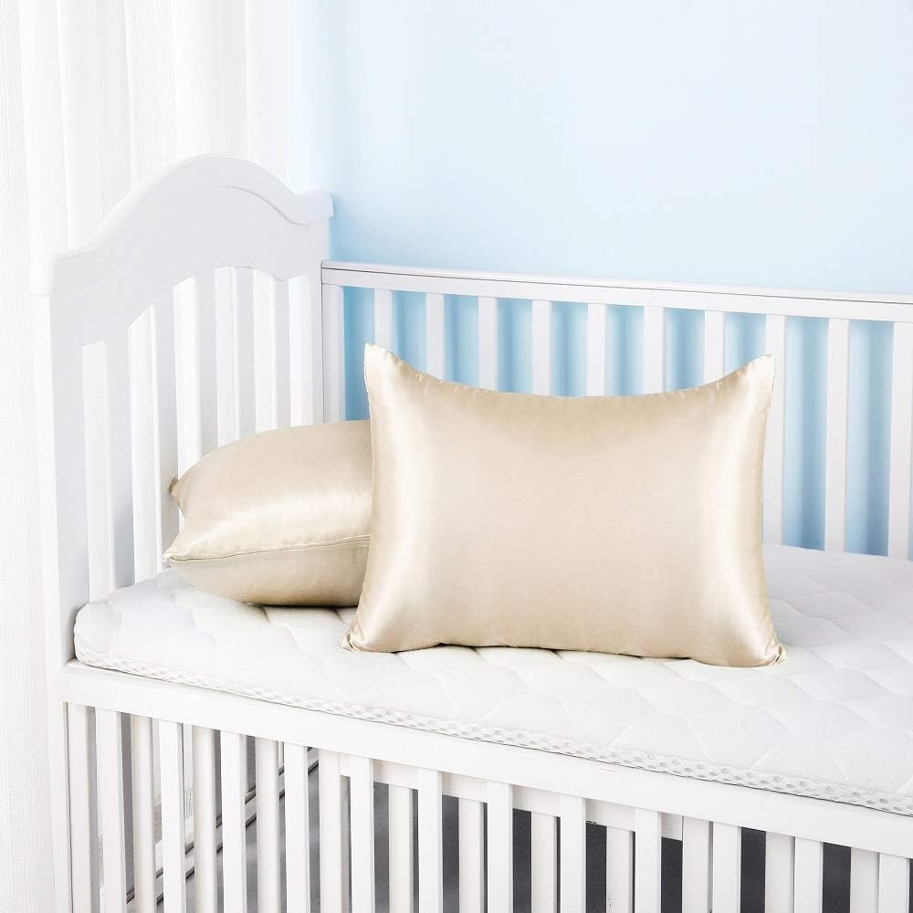 Silky Satin Toddler Pillowcases Set of 2, Super Soft Travel Pillow Covers, Small Kids Pillow Cases with Envelope Closure, 13"x 18", Champagne