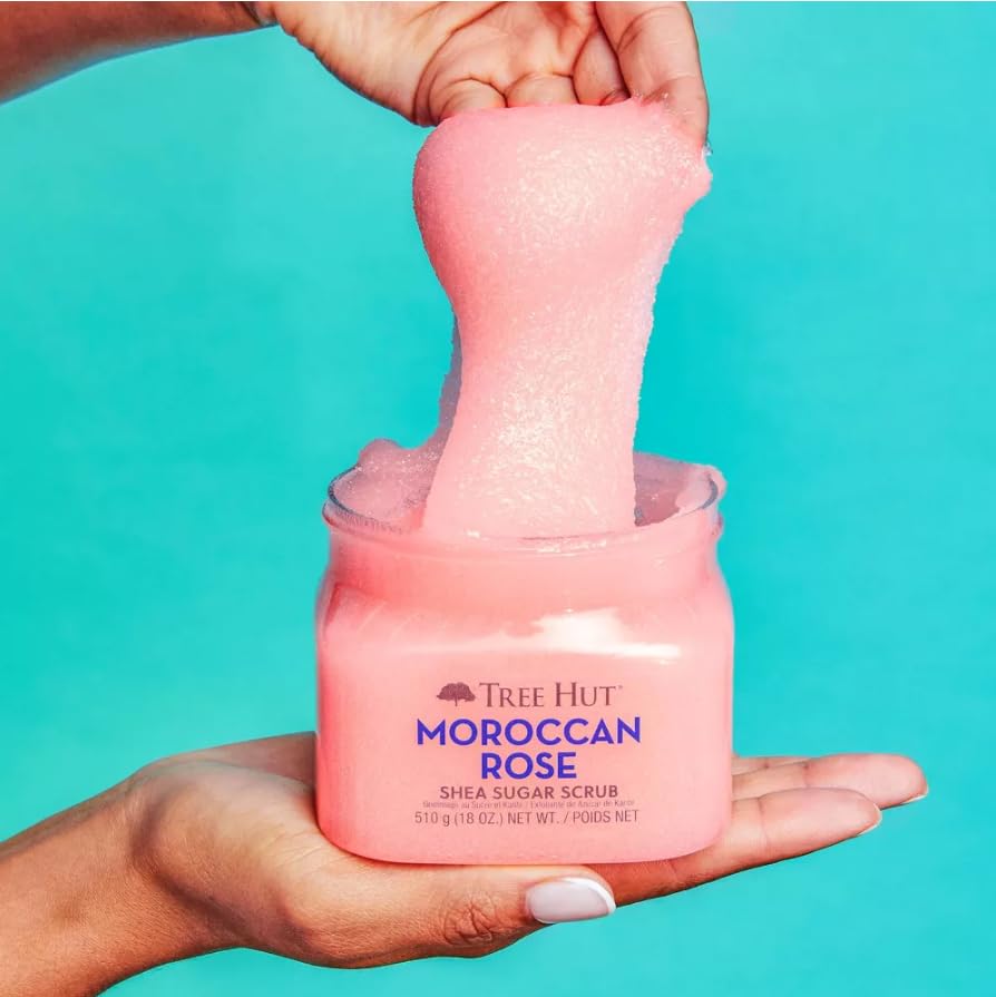 Tree Hut Moroccan Rose Shea Sugar Scrub, Exfoliating, Hydrating & Moisturizing Body Scrub with Shea Butter & Nourishing Essential Oils, Smooth & Soften Skin, 18 oz