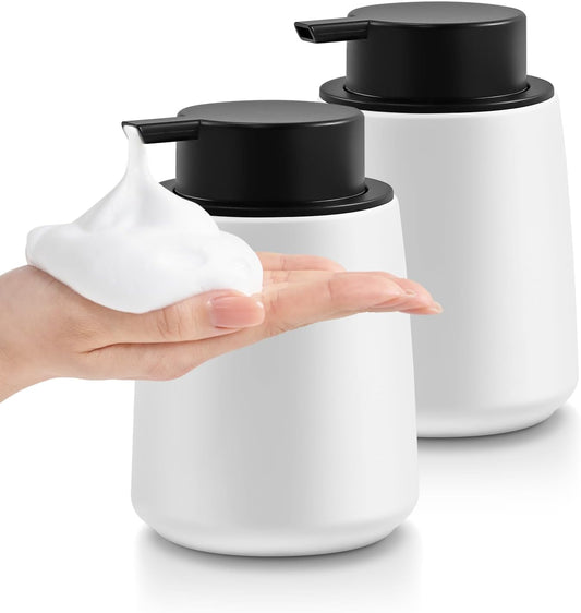 Ceramic Foam Soap Dispenser 2 Pack, 12oz White Lotion Hand Sanitizer Soap Dispenser with Easy-to-Press Pump for Bathroom & Kitchen Countertop Refillable