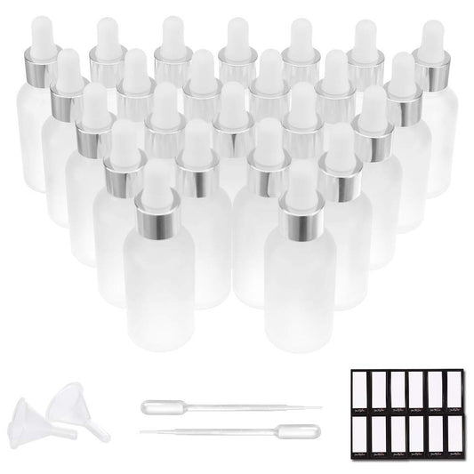 PrettyCare Glass Eye Dropper Bottles 24 Pack, 1oz (30ml) Frosted Empty Thick Bottles Bulk with Leakproof Silver Caps - With Labels & Funnels for Storage, Travel, Essential Oils, Cuticle, Tinctures