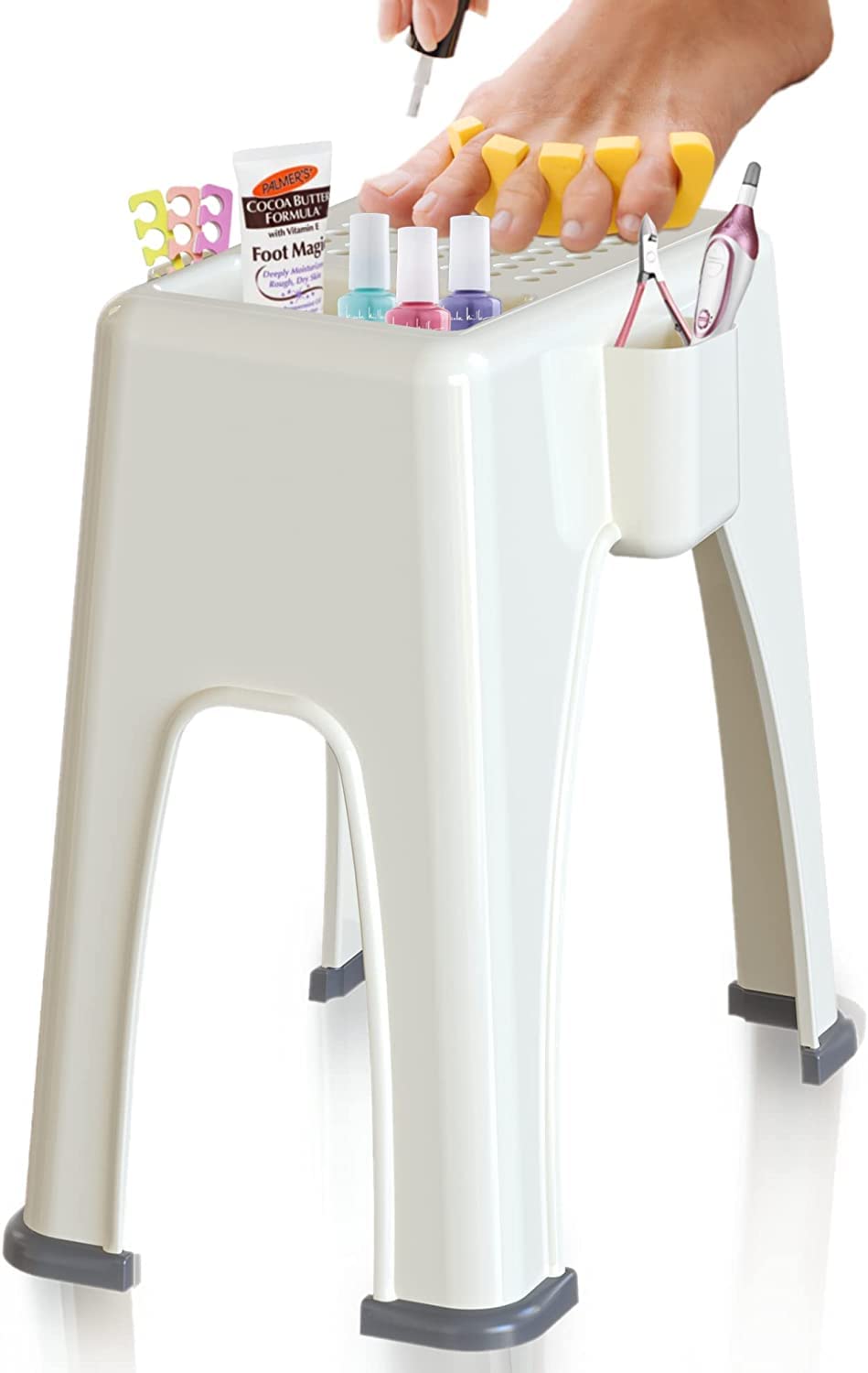 TidyFriend Shower Foot Rest 9.27 x 7 x 10 Inches, Plastic Pedicure Foot Rest, 3 Pockets Shower Stool for Shaving Legs Hold Shaving Essentials (Beige)