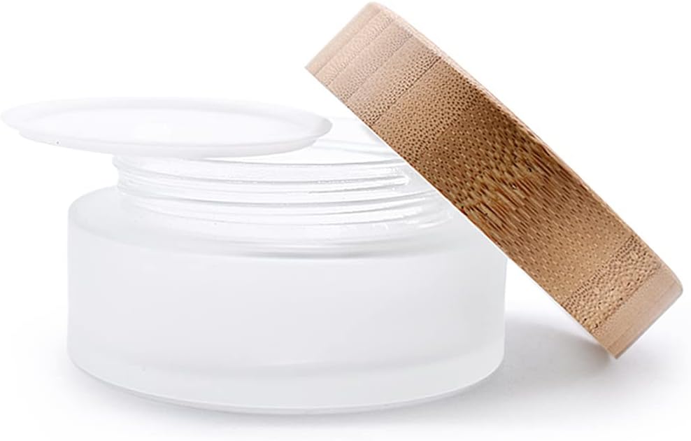 2 Pack 50ml Frosted Glass Cream Jars with Bamboo lids,Wide Mouth Makeup Sample Storage Pot Dispenser Bottles for travel Jars Face Eye Shadow