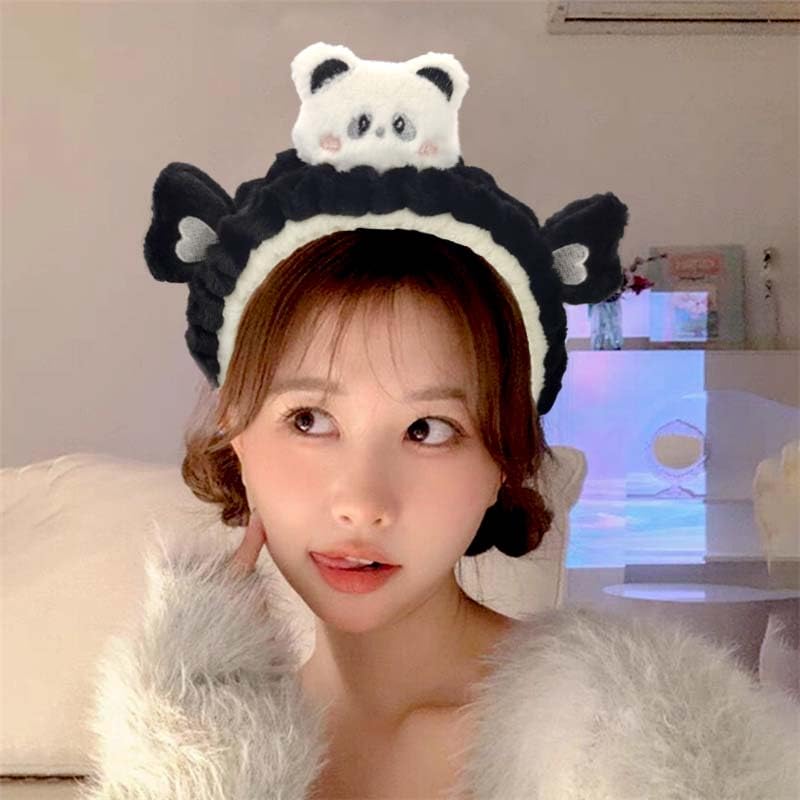 Kawaii Spa Headband，Cute Bear Headband for Women Skin Care, Makeup and Wash - Soft Microfiber Coral Fleece Towel Headband for Girls Hair（Black,Bear）