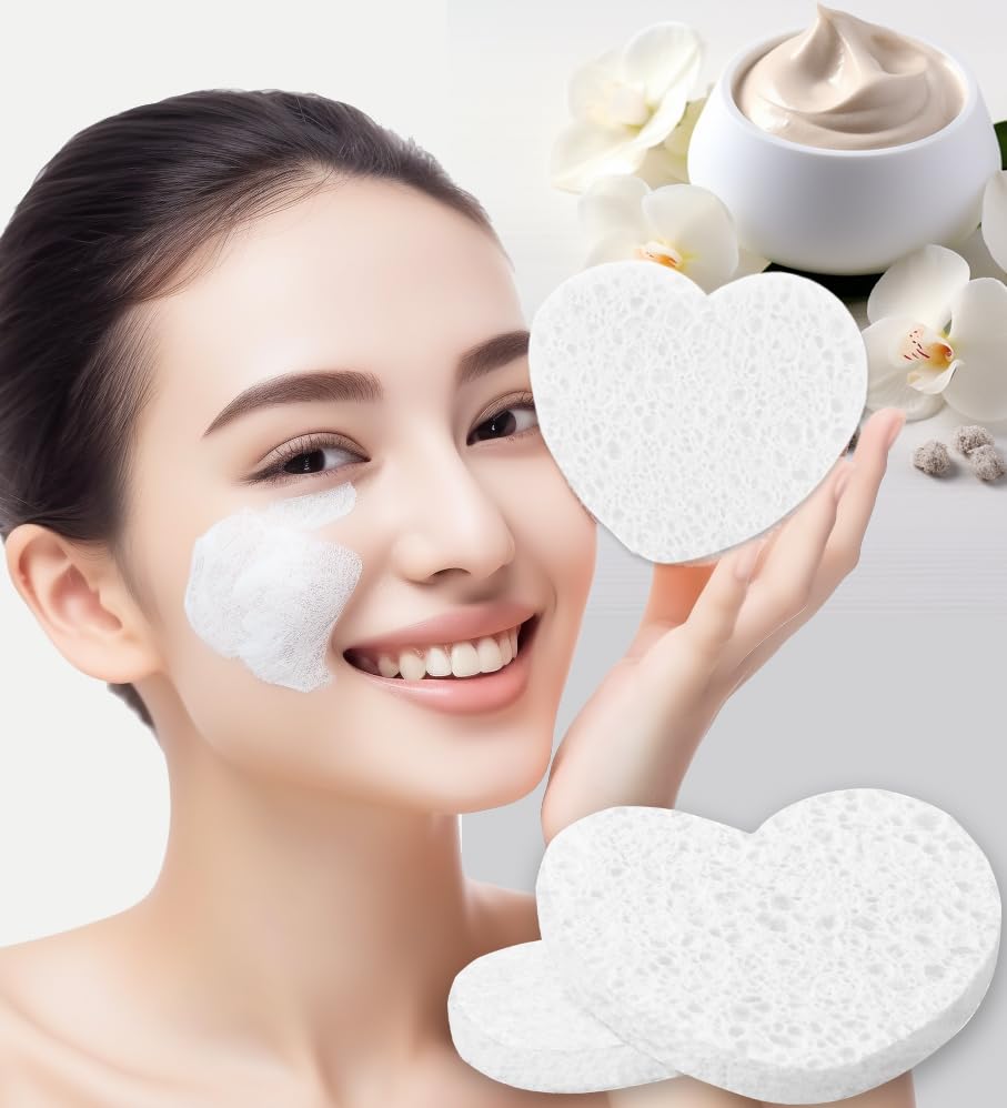 50-Count Compressed Facial Sponges for Estheticians- 100% Natural Cellulose Face Sponge Spa Sponges for Face Cleansing, Massage, Pore Exfoliating, Mask, Makeup Removal (Love-White)