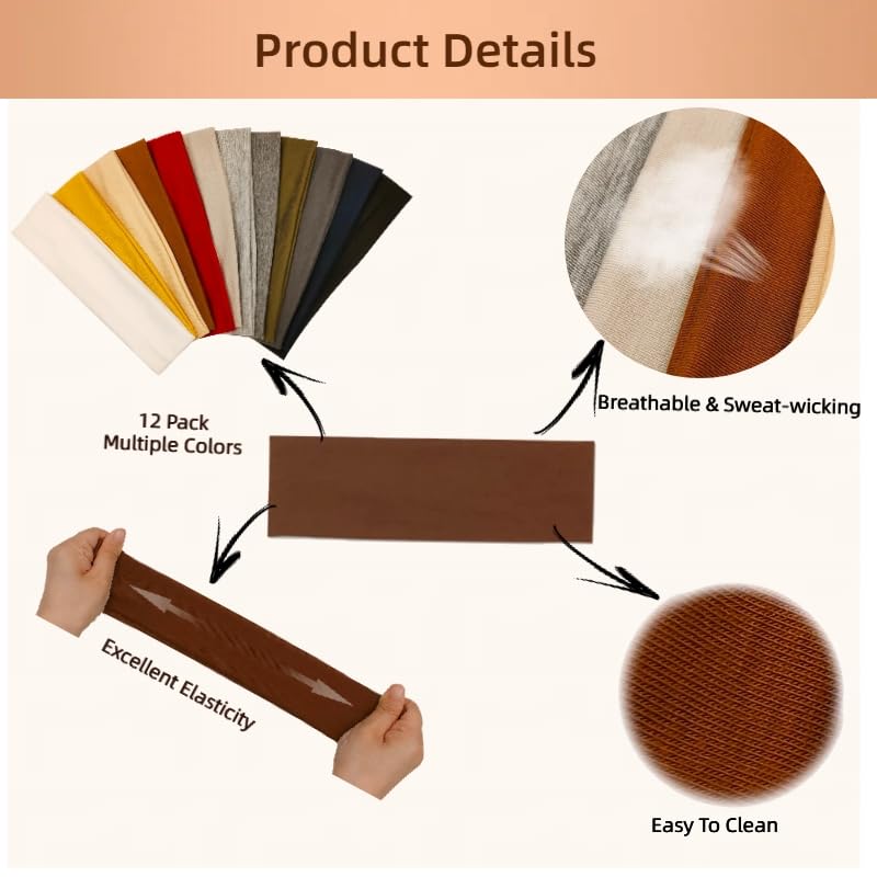 Headbands For Women Sweat Headband Yoga Elastic Head Bands Women's Hair Band Workout Hairbands Accessories 12 Pack