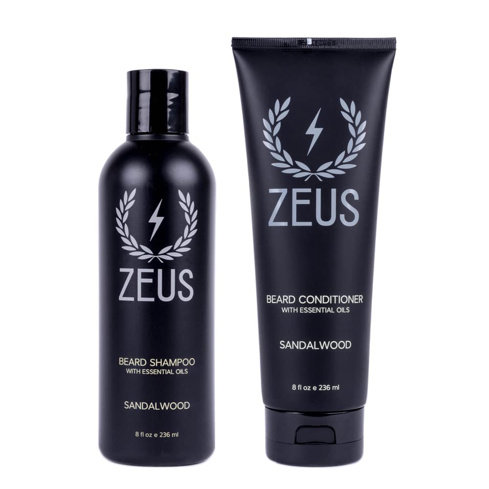 ZEUS Beard Wash Set for Men, Shampoo & Conditioner Duo with Green Tea & Essential Oils, Hydrates, Softens & Strengthens Beard Hair (Made in USA) Sandalwood