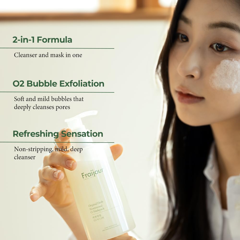 Fraijour Herb Wormwood O₂ Mask Pack – Korean Oxygen Bubble Face Mask for Sensitive, Oily & Acne-Prone Skin, Exfoliating with AHA BHA, Tea Tree & Peppermint, Smooths & Refreshes, 10.1 fl.oz.