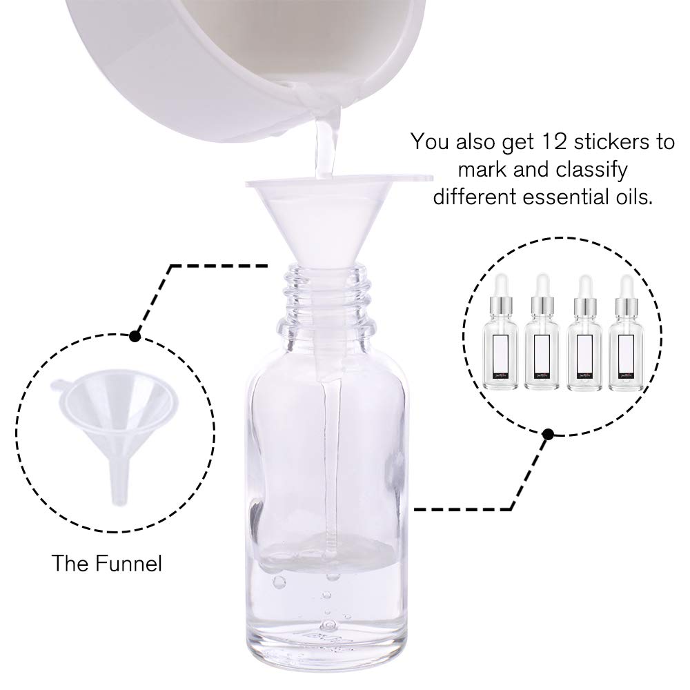 PrettyCare 2 oz Dropper Bottles, 4 Pack Frosted Glass Bottles 60ml with Golden Caps, 12 Labels, Funnel & Measured Pipettes-Empty Tincture for Essential Oils & Skincare