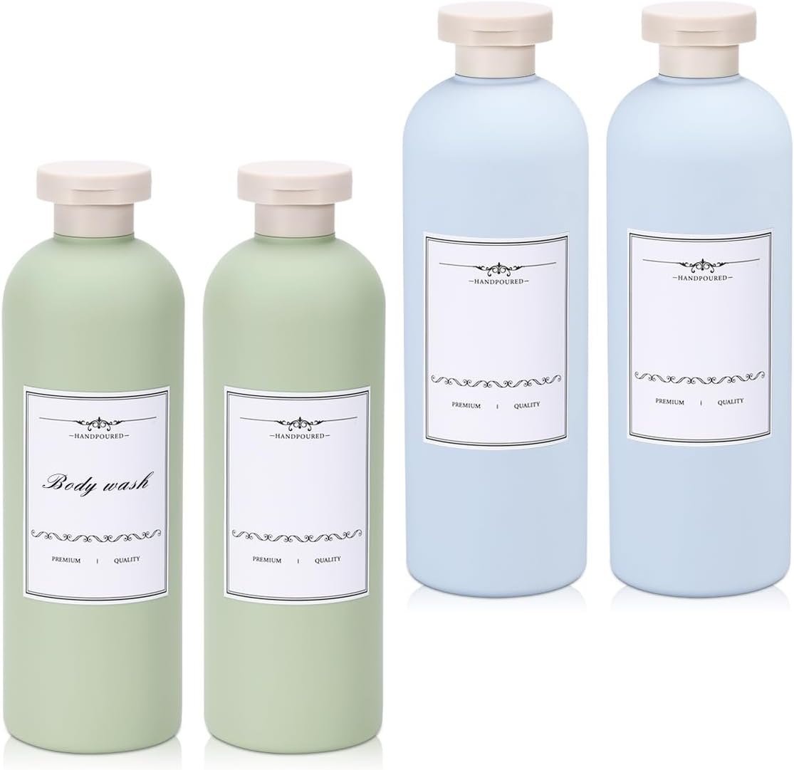 Travel Shampoo Bottle, Empty Plastic Squeeze Bottles 13.5oz with Flip Cap, Lotion Container for Toiletries Travel Size Shampoo and Conditioner (2 pack blue, 2 pack green)