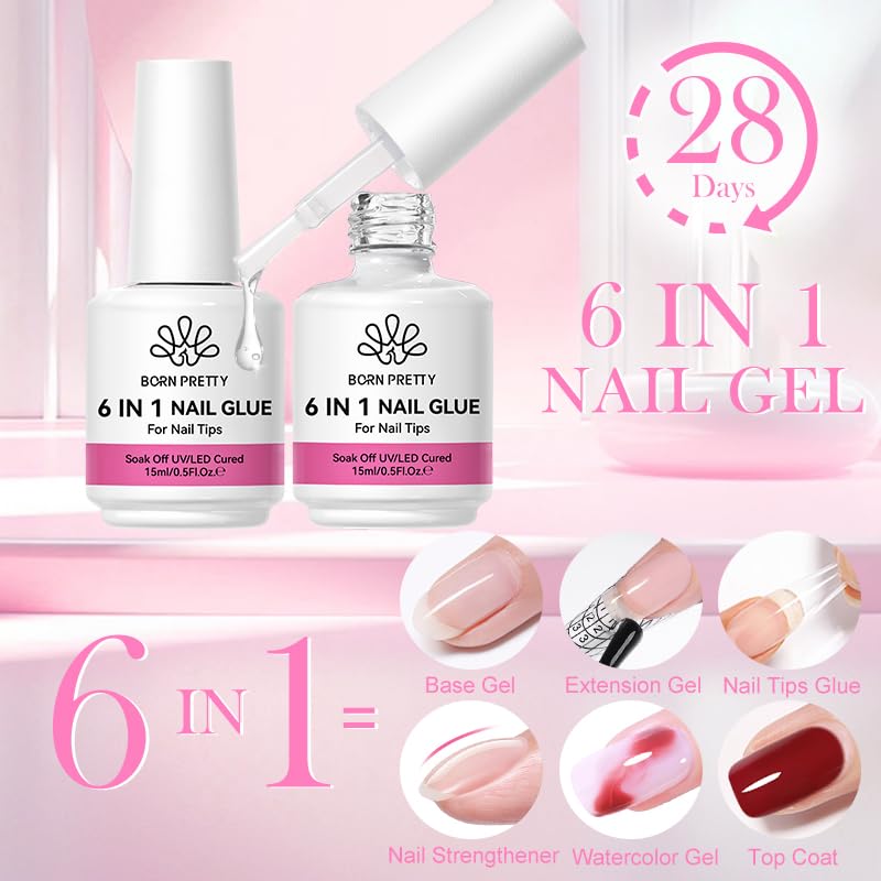 Born Pretty Nail Glue for Tips, 6 in 1 Gel Nail Gel Extension Gel,Blooming Gel,Base Gel Top Coat,Builder and Strengthener Gel for Nail Art Design