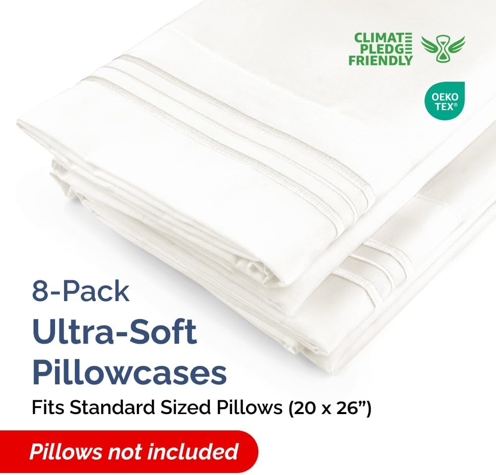 Standard Pillow Cases Set of 8 - Ultra Soft Hotel Quality Pillowcase Covers - Comfy & Wrinkle Free - Shrink, Stain and Fade Resistant - Machine Washable Pillow Protectors - 8 Piece Set - Antique White