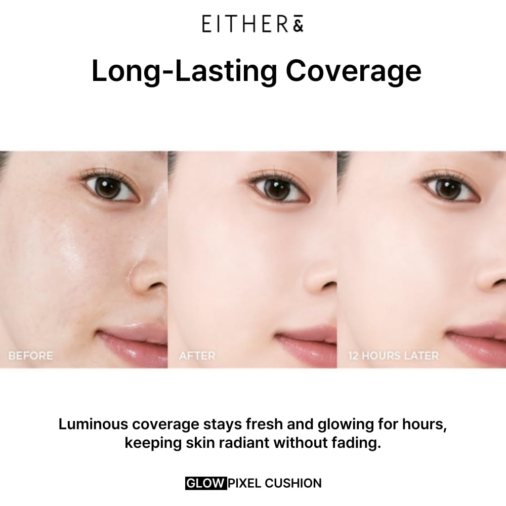 EITHER& Glow Pixel Cushion Foundation, Glowy Skincare, Korean Makeup, Natural Coverage, Moisturizing, Lightweight, Long Lasting Coverage for Flawless Skin (23P Amber)