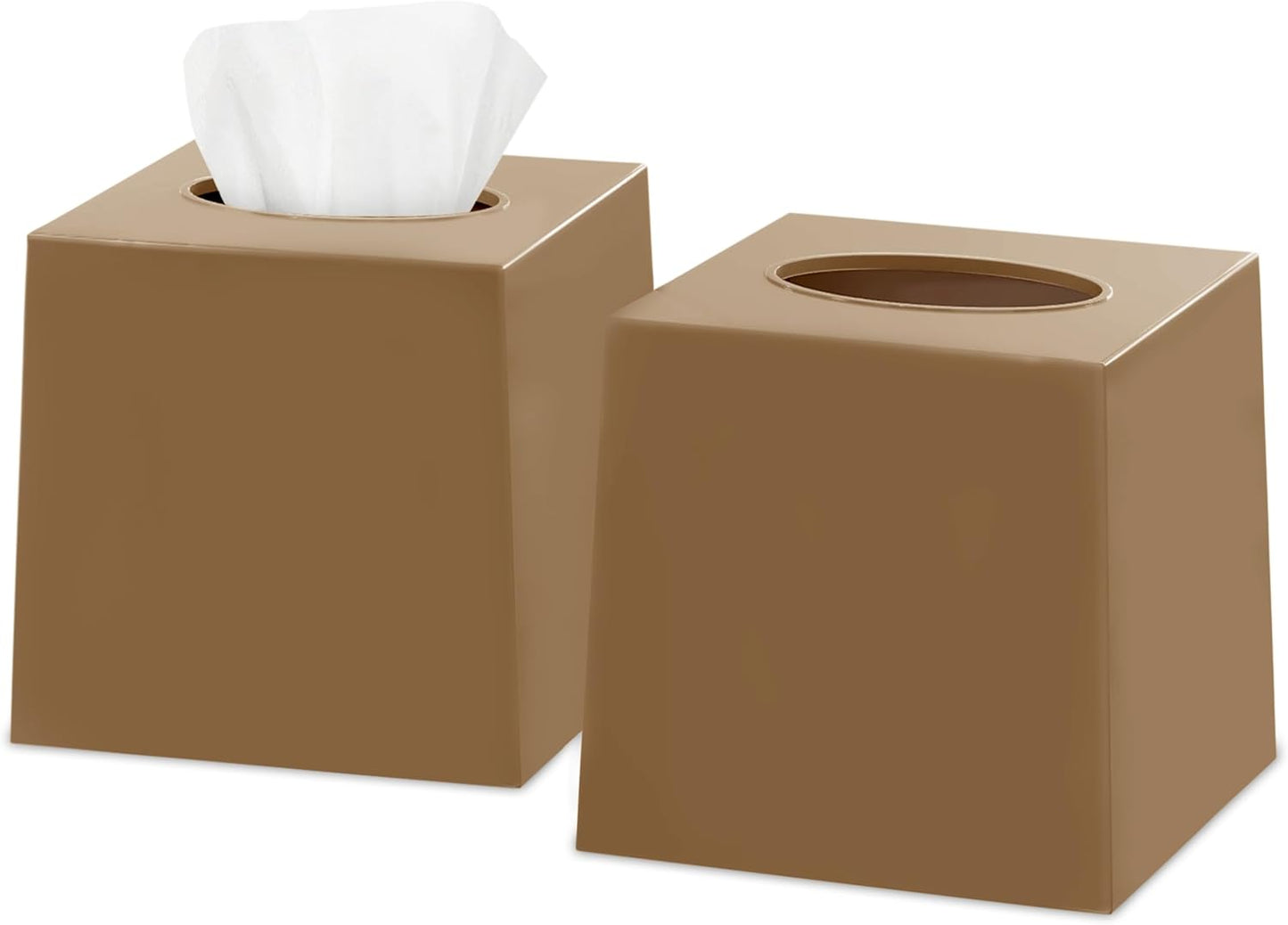 Beige Tissue Box Cover Square - Plastic Facial Tissue Box Holder Set of 2 - Decorative Cube Tissue Holder Dispensers Fit Any Vanity Countertop, Bedroom Dresser, Office Desk or Bathroom Decor