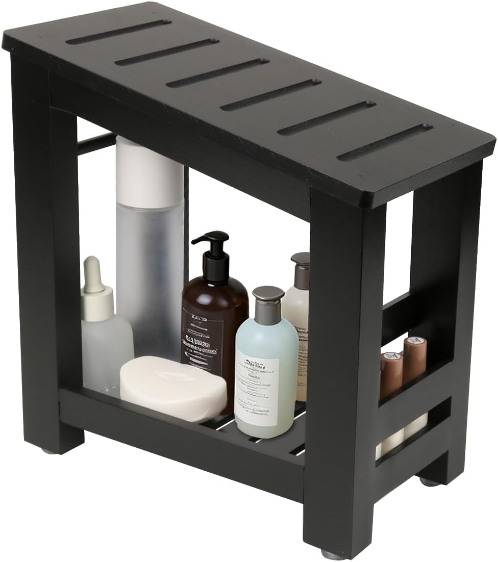 Shower Foot Rest, Small Bamboo Foot Stool with Storage Shelf, Shower Stool for Shaving Legs, No Assembly Required, Natural (Black)