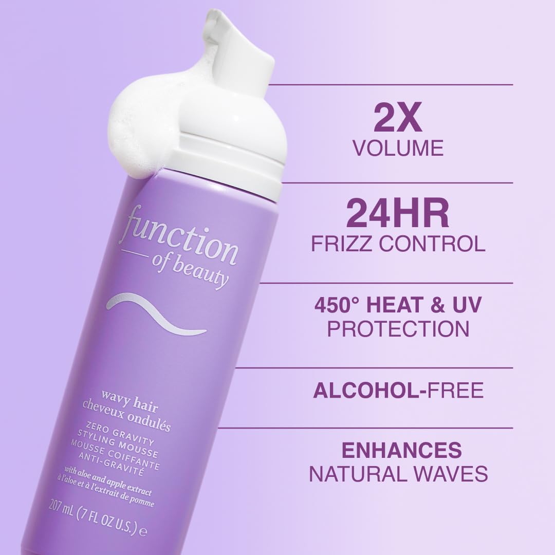 FUNCTION OF BEAUTY Zero Gravity Styling Mousse, 7 oz (2-Pack) – Adds Volume + Defines Natural Waves, Frizz Control + Flexible Hold, Lightweight Feel, No Crunch, Heat Protection Up to 450°F