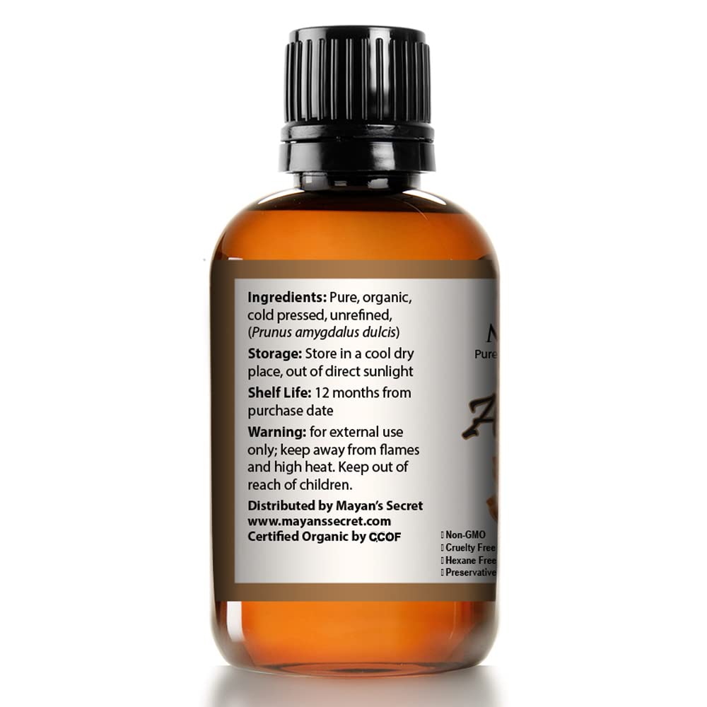 Mayan's Secret - 100% Organic Sweet Almond Oil for Skin Hair, Face - Cold Pressed Pure Almond Essential Oil (4 fl. oz.)