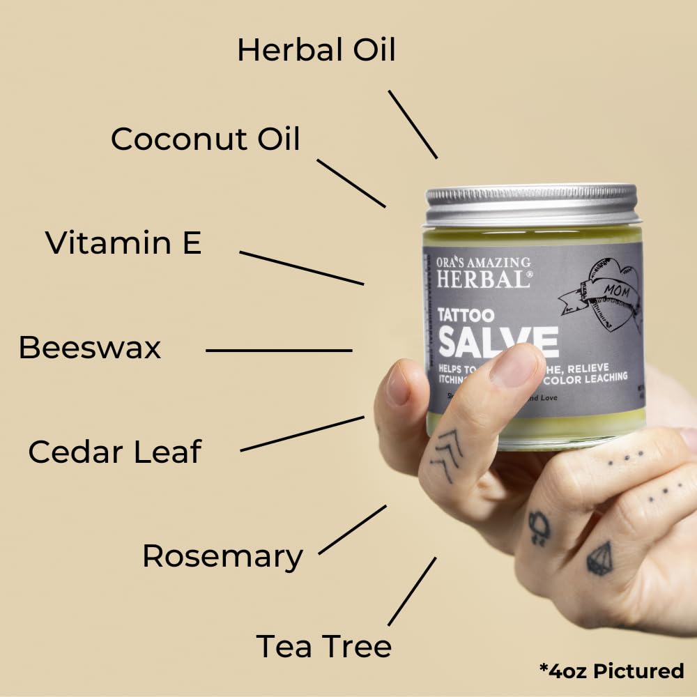 Ora's Amazing Herbal Tattoo Salve, Tattoo Aftercare Balm Cream Healing Ointment, Tattoo Care Brightener, USA Made, 4 oz