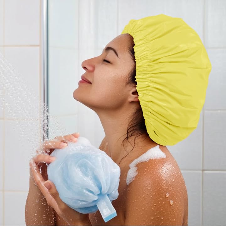 Reusable Shower Cap for Women, Large Waterproof Shower Bonnet Washable Elastic Band Bath Accessories Hair Hat for Long Hair, Braids(Bright Yellow)