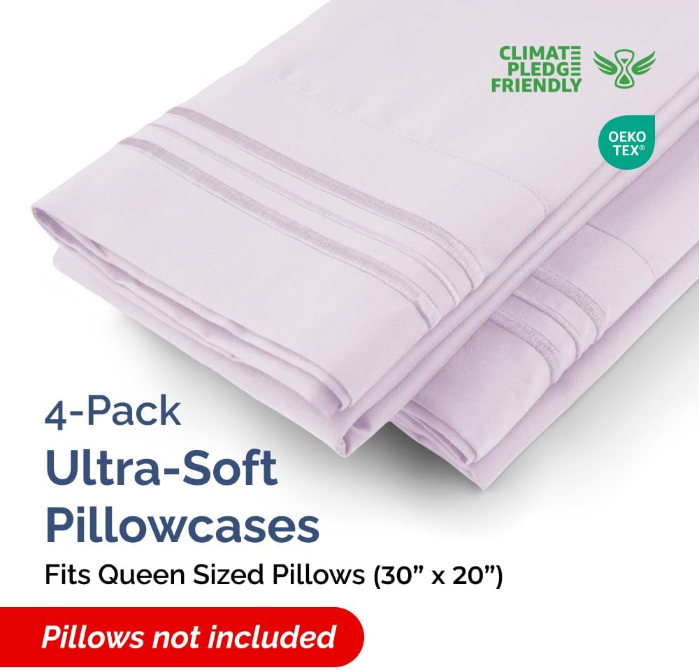 CGK Unlimited Queen Size Microfiber Pillowcase Set of 4 - Soft, Premium Quality, Machine Washable, Light Lavender