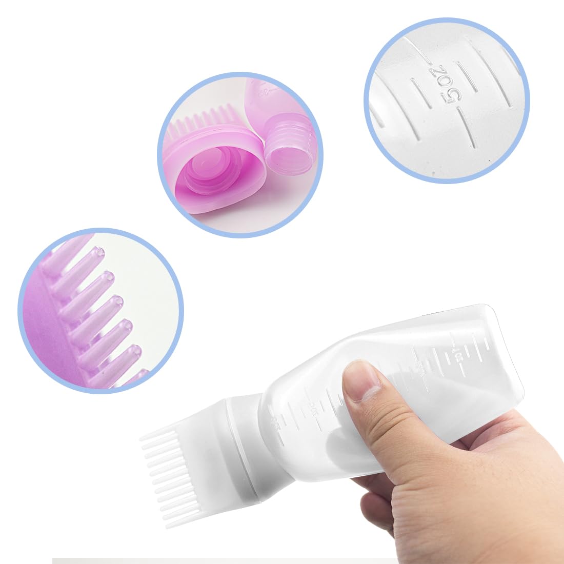 ELANE 4 Pcs Root Comb Applicator Bottle 6oz,Hair Oil Applicator Bottle for Hair,Oil Comb Applicator Hair Bottle Applicator for Hair Dye Shampoos Hair Salons Camping Traveling(white+pink)