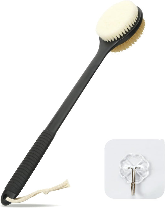 VANZAVANZU 17 Inch Anti-Slip Long Handle Back Scrubber for Shower – Dual-Sided Shower Brush and Shower Back Scrubber with Soft & Stiff Bristles for Wet or Dry Use (Black)