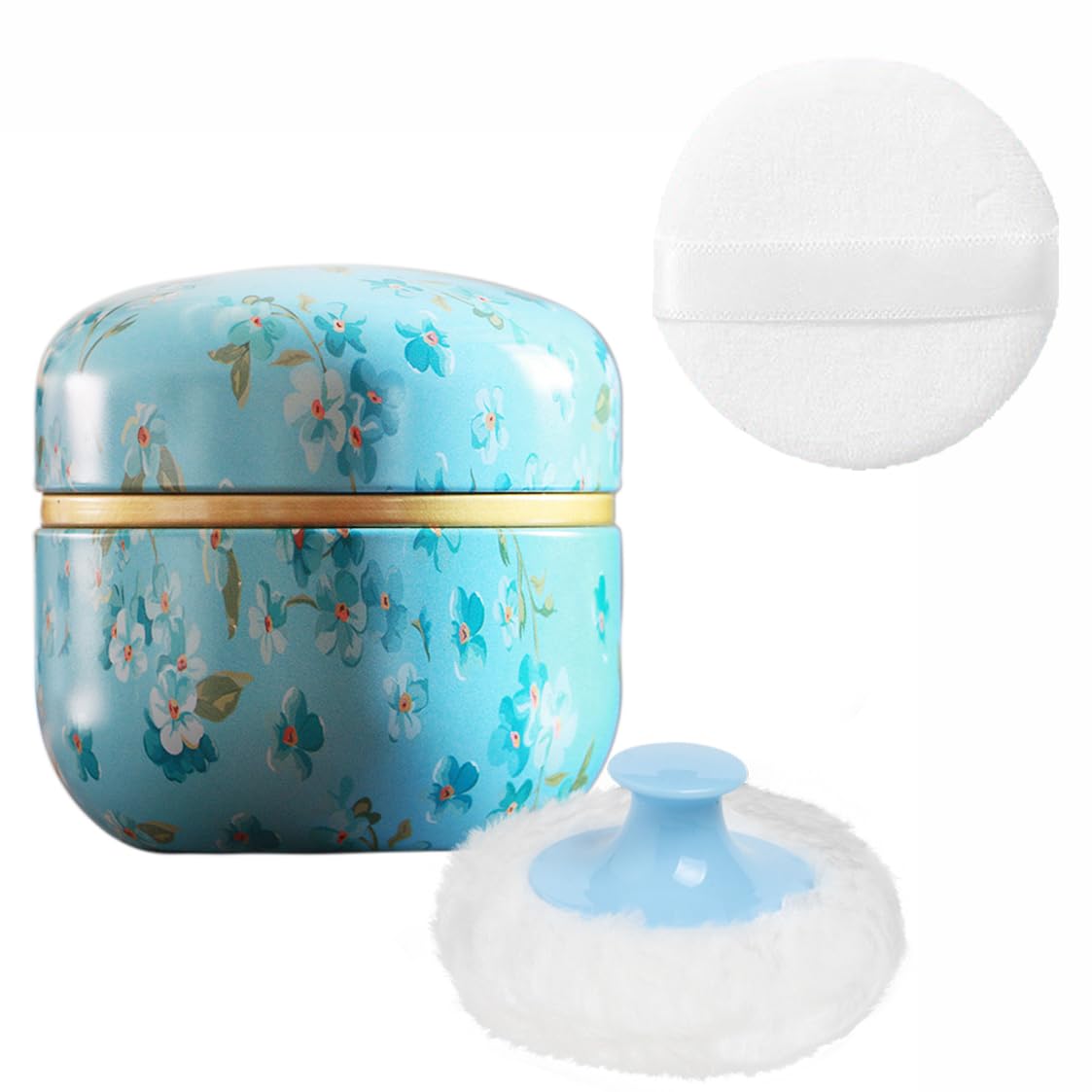 Powder Puff and Powder Container for Body Dusting Powder Case with Puff for Baby and Women,Loose Powder Containers with Puff for Travel (Blue flower1.0)