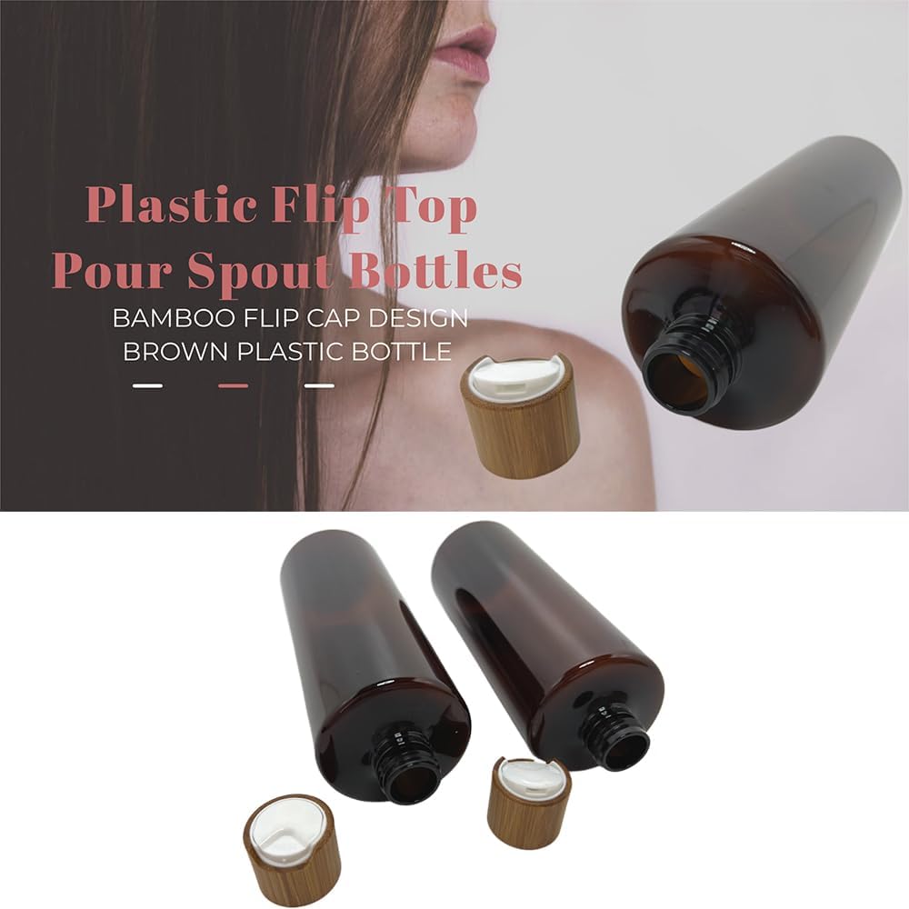 Empty Cosmetic Bottles 16oz/500ml 2 PACK With Bamboo Disc Top Flip Cap for Shampoo Lotion Liquid Soap,Cream,Refilable Plastic Squeeze Travel Size Toiletry Bottles Brown