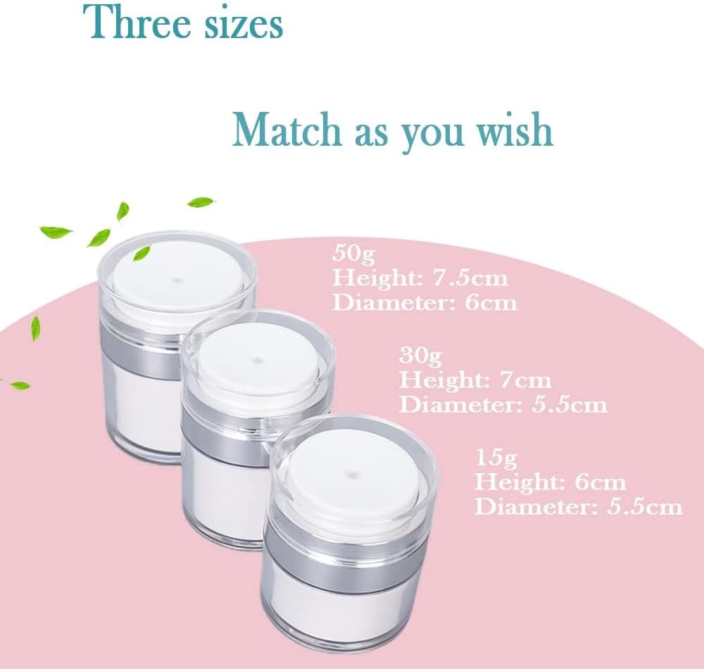 Leak-Proof DIY Travel Airless Pump Jar, 15/30/50ml Refillable Vacuum Bottle Dispenser for Creams/Lotions, Portable Cosmetic Container with Push Down Pump Dispenser (White, 50ml+50ml)
