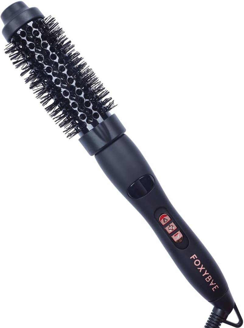 FoxyBae Curling Round Brush 1.25" - Heated Ceramic Tourmaline Multi-Styler Thermal Hair Straightener & Curler - for Frizz Free and Voluminous Hair (Black Rose-Gold)