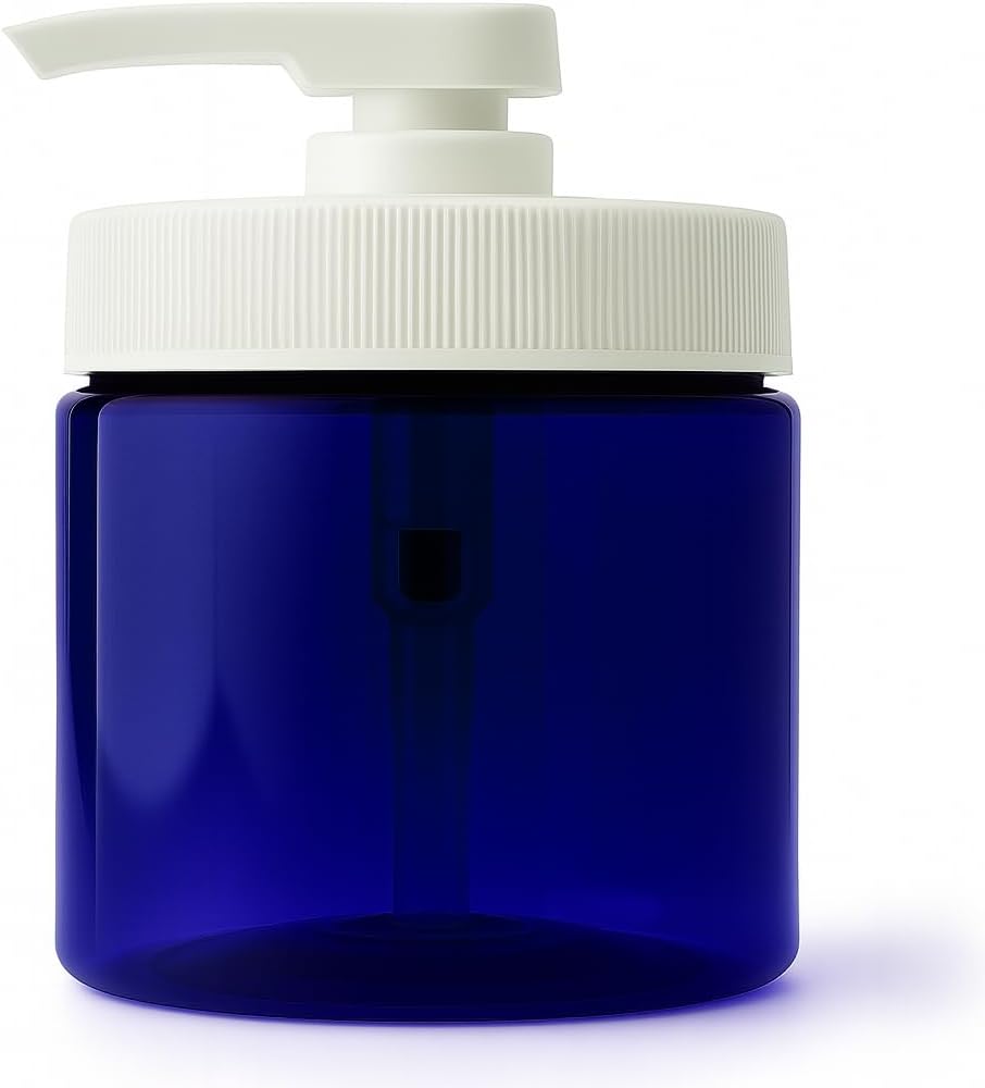 Royal Massage 16oz Refillable Pump Jar with Locking Dip Tube Dispenser – BPA-Free Plastic Container for Massage Oils, Lotions, Creams – Ribbed Lid Wide-Mouth Jar – Durable & Reusable (Blue/White, 3)