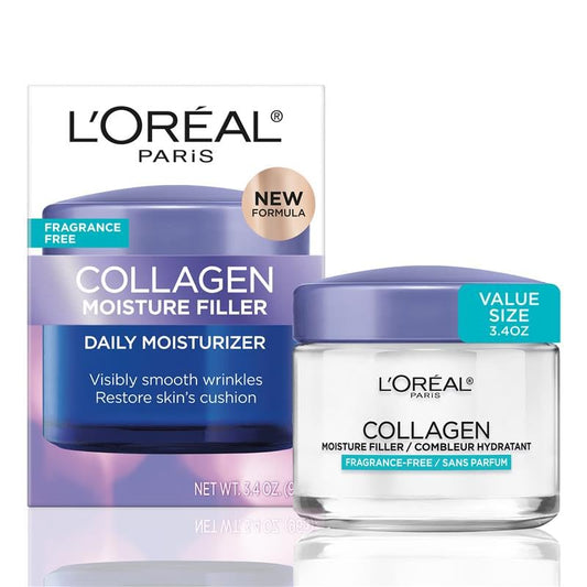 L'Oreal Paris Collagen Moisture Filler Face Cream, Anti-Aging Face Moisturizer, Non-Greasy Fragrance Free Skin Care Formula For Up to 48HR Hydration, 3.4 Oz