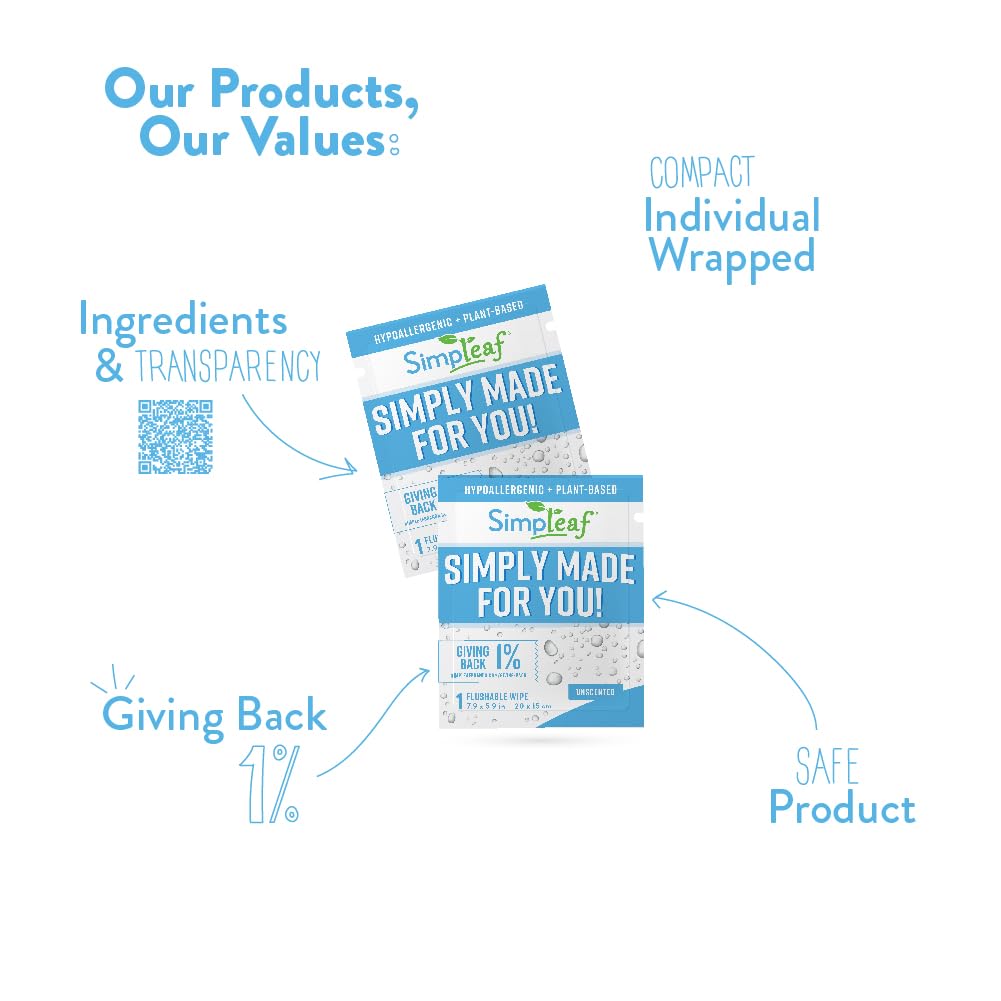 Simpleaf Flushable Unscented Single Pack Wet Wipes | Eco-Friendly Paraben & Alcohol Free | Hypoallergenic & Safe for Sensitive Skin | Soothing Aloe Vera Formula | (30 Single Pack Wipes)