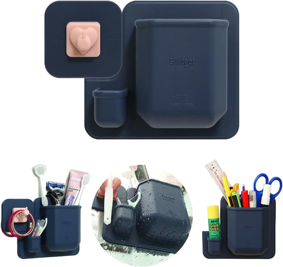 Silicone Wall Mounted Organizer - Made in Korea, BPA Free - Storage with Hook - Bathroom and Living Room, Remote Control & Shower Caddy (Cupid(Navy), Poket Holder(Navy))