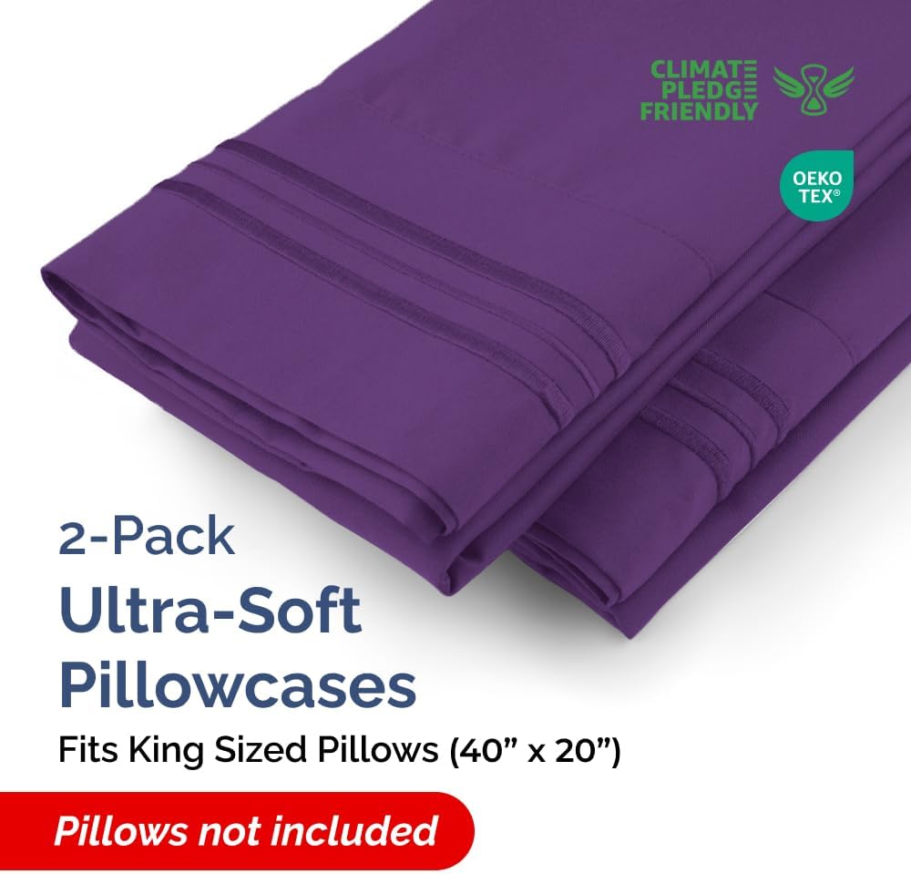 King Pillow Cases Set of 2 - Ultra Soft Hotel Quality Pillowcase Covers - Comfy, Cozy & Wrinkle Free - Shrinkage, Stain and Fade Resistant - Machine Washable Pillow Protectors - 2 Piece Set - Purple