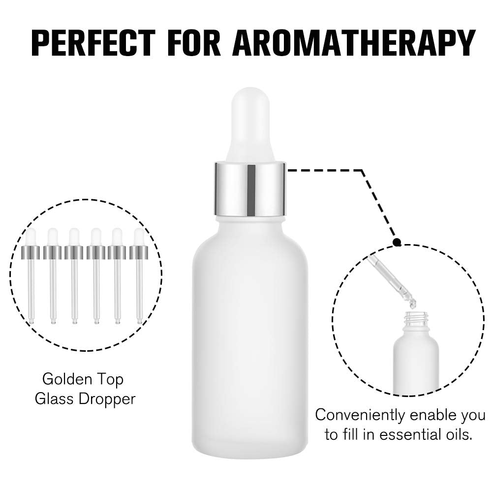 PrettyCare Glass Eye Dropper Bottles 24 Pack, 1oz (30ml) Frosted Empty Thick Bottles Bulk with Leakproof Silver Caps - With Labels & Funnels for Storage, Travel, Essential Oils, Cuticle, Tinctures