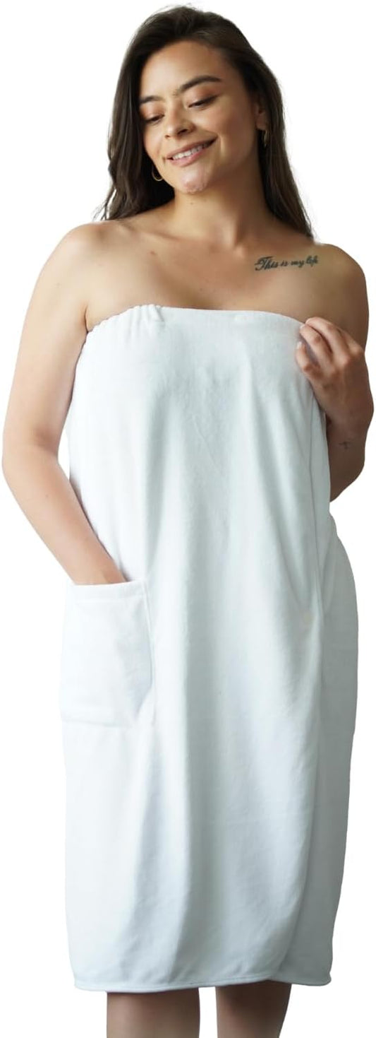 Efforest Towel Wrap For Women, Lightweight Quick Dry Wrap Towel Full Length - Adjustable Beach & Pool Bathrobe with Pocket, White-L/XL