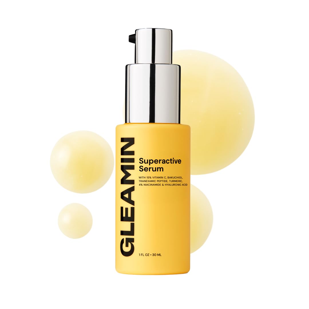 Gleamin Superactive Vitamin C Serum for Face with 15% Vitamin C, Niacinamide, Bakuchiol & Hyaluronic Acid – Skin Brightening Facial Serum for Women & Men – Dark Spot Remover & Radiant Glow – 1 fl oz