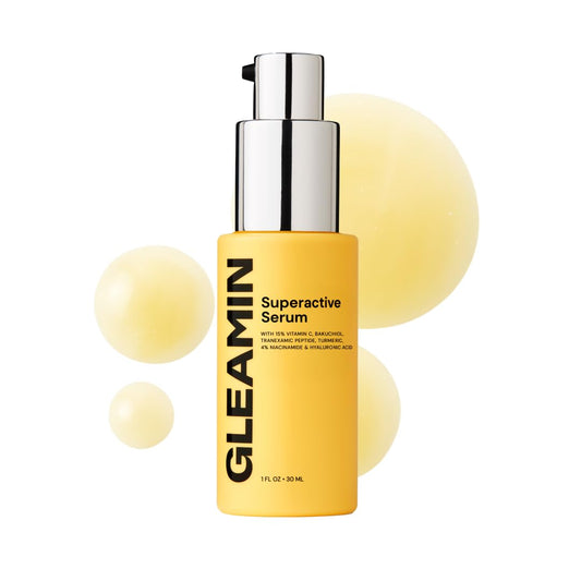 Gleamin Superactive Vitamin C Serum for Face with 15% Vitamin C, Niacinamide, Bakuchiol & Hyaluronic Acid – Skin Brightening Facial Serum for Women & Men – Dark Spot Remover & Radiant Glow – 1 fl oz