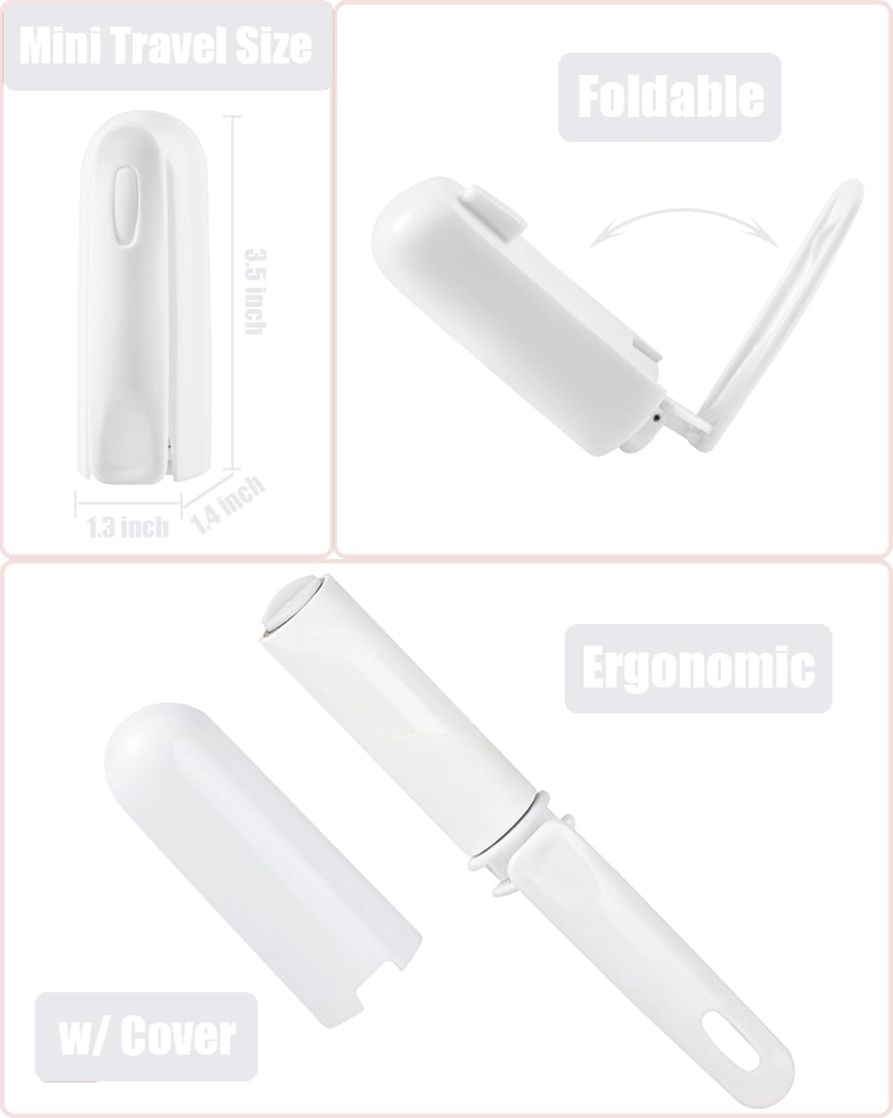 Mini Lint Roller for Travel Refillable On The Go Lint Roller with Cap and 4 Refills Total 150 Extra Sticky Sheets for Pet Hair Lint Remover with Cover for Purse Bag Car (White)