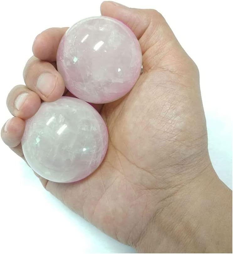 2" Rose Quartz Baoding Balls, Pink Crystal Health Stress Exercise Balls for Hand Therapy, Stress Relief and Exercise, Natural Quartz Sphere Gemstone Handballs with Carry Pouch (Box-Packed) M9